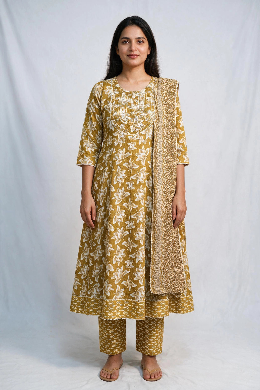 Mustard Yellow Cotton 3-Piece Kurti Set with Frock Pant & Floral Dupatta for Women - Mustard Yellow
