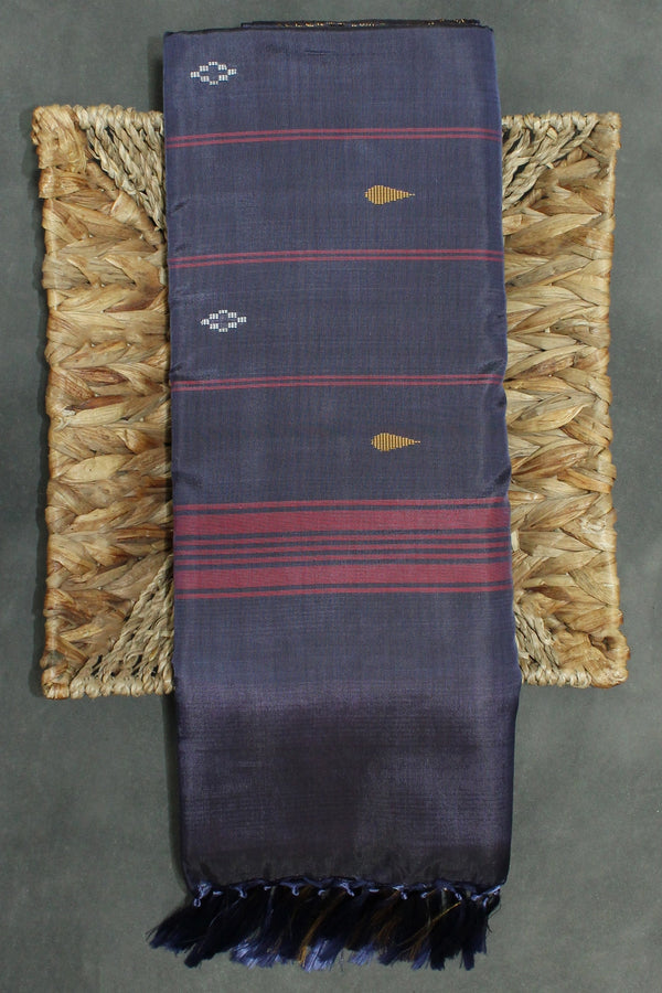 Navy Blue Vaazhai Naar (Banana Pith) Saree with Traditional Zari Border and Blouse - Navy Blue