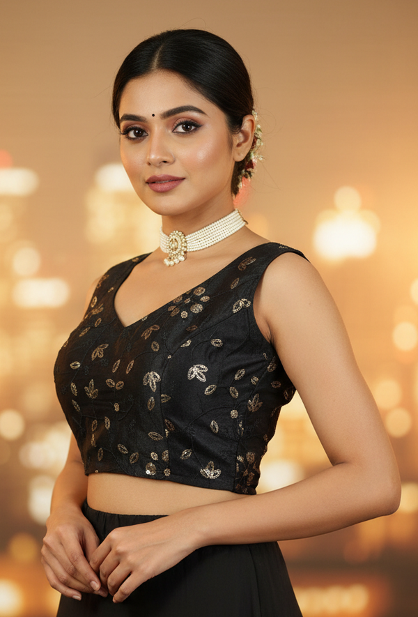 Black Designer Padded Sleeveless Blouse with Embroidery Work and Back Knot, Fully Stitched Ready to Wear