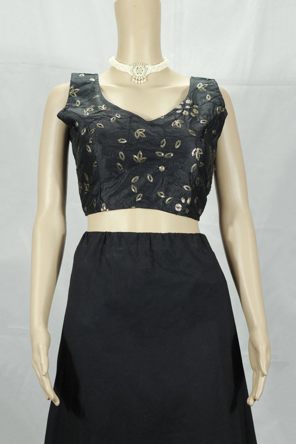 Black Designer Padded Sleeveless Blouse with Embroidery Work and Back Knot, Fully Stitched Ready to Wear - Black