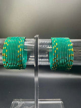 Kids Teal Green Metal Bangles Set of 24 with Gold-Tone Lines - Teal Green