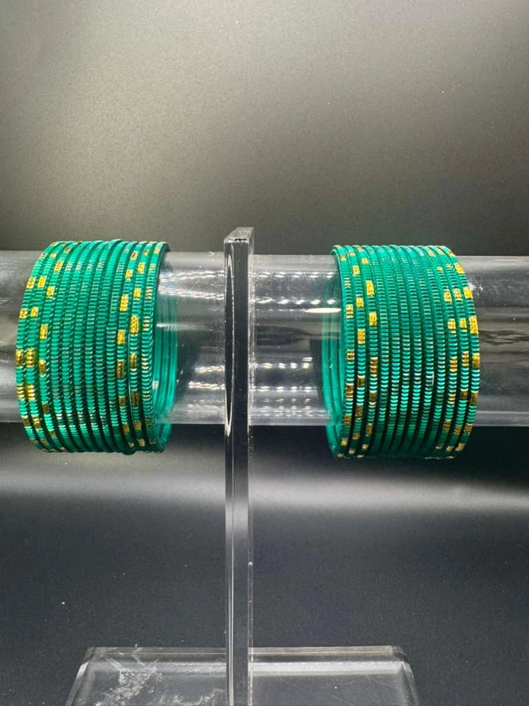 Kids Teal Green Metal Bangles Set of 24 with Gold-Tone Lines - Teal Green