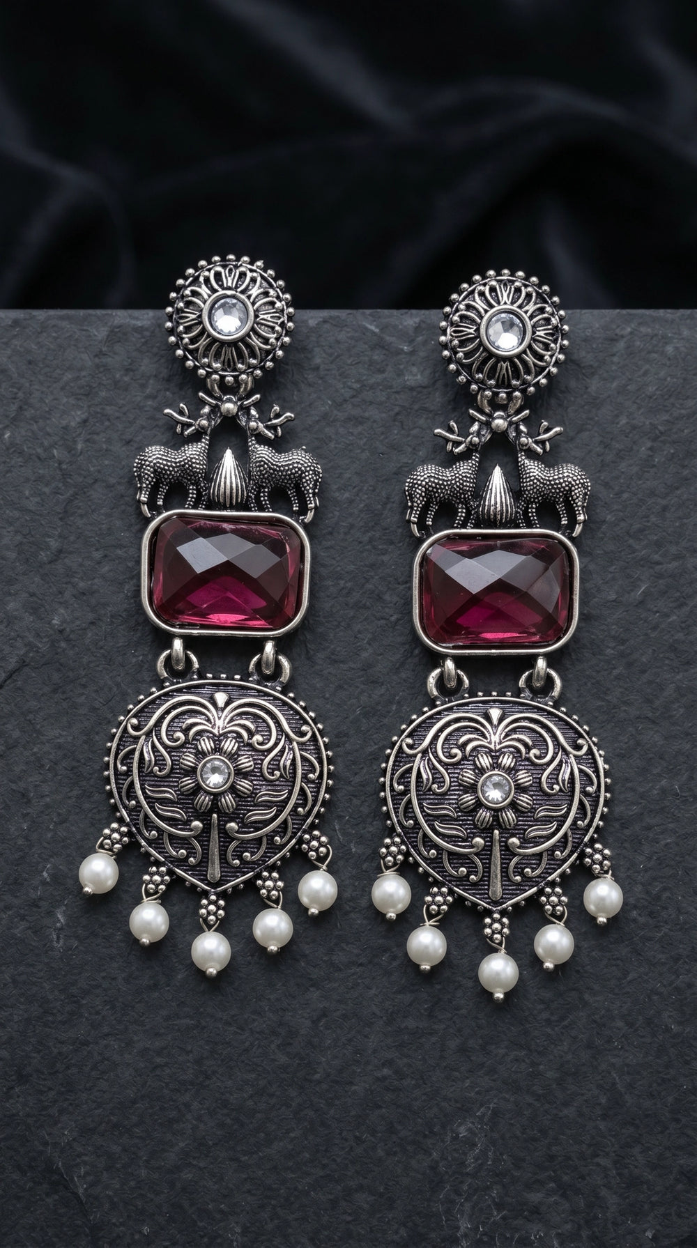 Purple Stone Dangle Earrings in Silver-Tone Triangular Textured Ethnic Design for Festive Party Wear - Purple