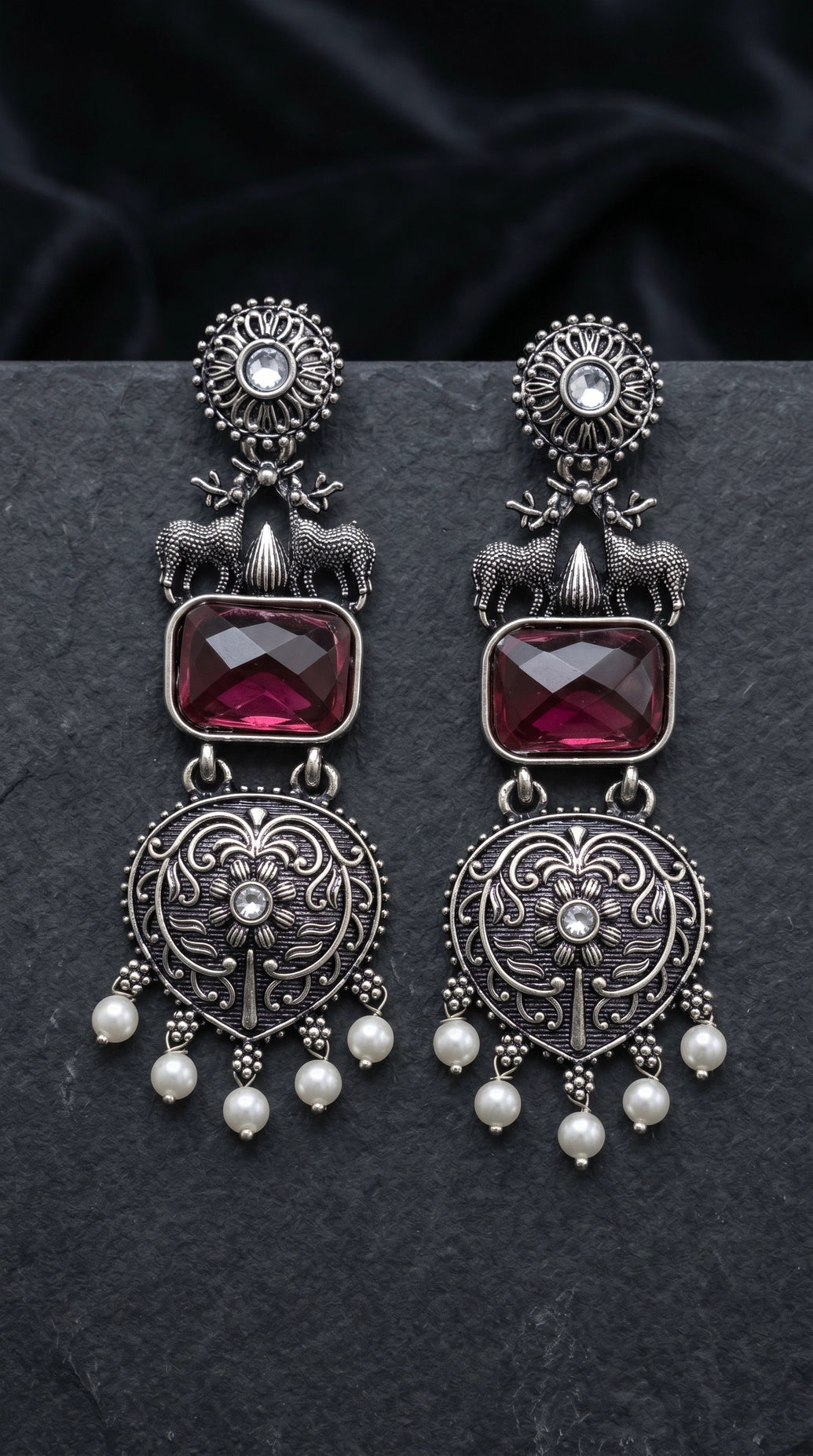 Purple Stone Dangle Earrings in Silver-Tone Triangular Textured Ethnic Design for Festive Party Wear - Purple
