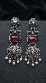 Purple Stone Dangle Earrings in Silver-Tone Triangular Textured Ethnic Design for Festive Party Wear - Purple