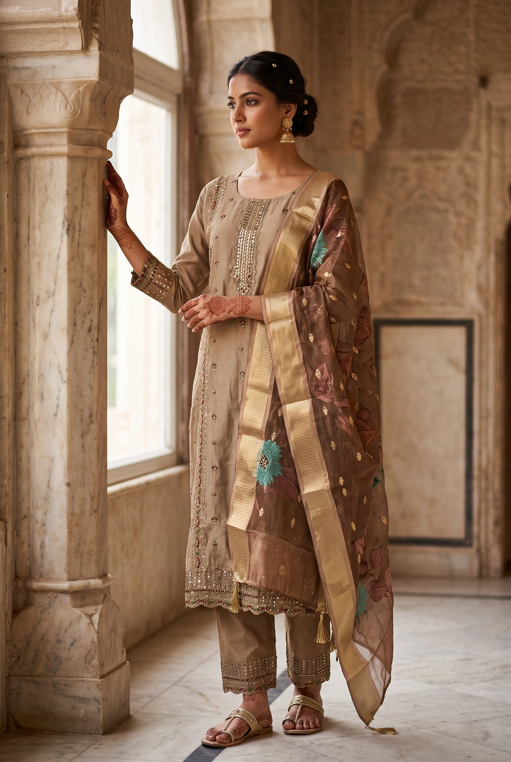 Beige Roman Silk 3-Piece Kurti Set with Elastic Pant and Embroidered Sequence Dupatta - Beige