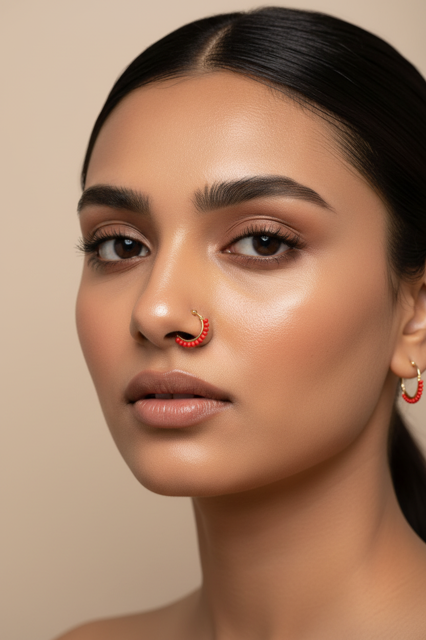 Red Gold-Tone Beaded Clip-On Nath Nose Ring - Half