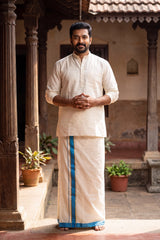 Men Off-White Cotton Dhoti with Woven Check Border and Zari Lines (2 Metre Single Veshti)