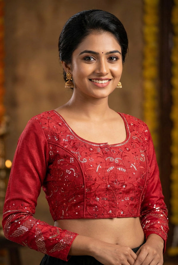 Red Sequence Work Full Sleeve Readymade Padded Blouse with Back Tie and Knot (Fully Stitched) for Saree and Lehenga - Red