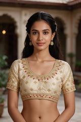 Sandal Sandal Zari Embroidered Readymade Padded Blouse with U-Shape Neck and Elbow Sleeves - Sandal