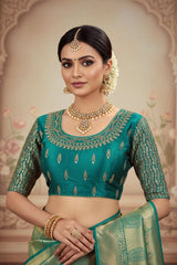 Rama Green Readymade Designer Padded Blouse with Golden Zari Work, Elbow Sleeves & Back Knot - Rama Green