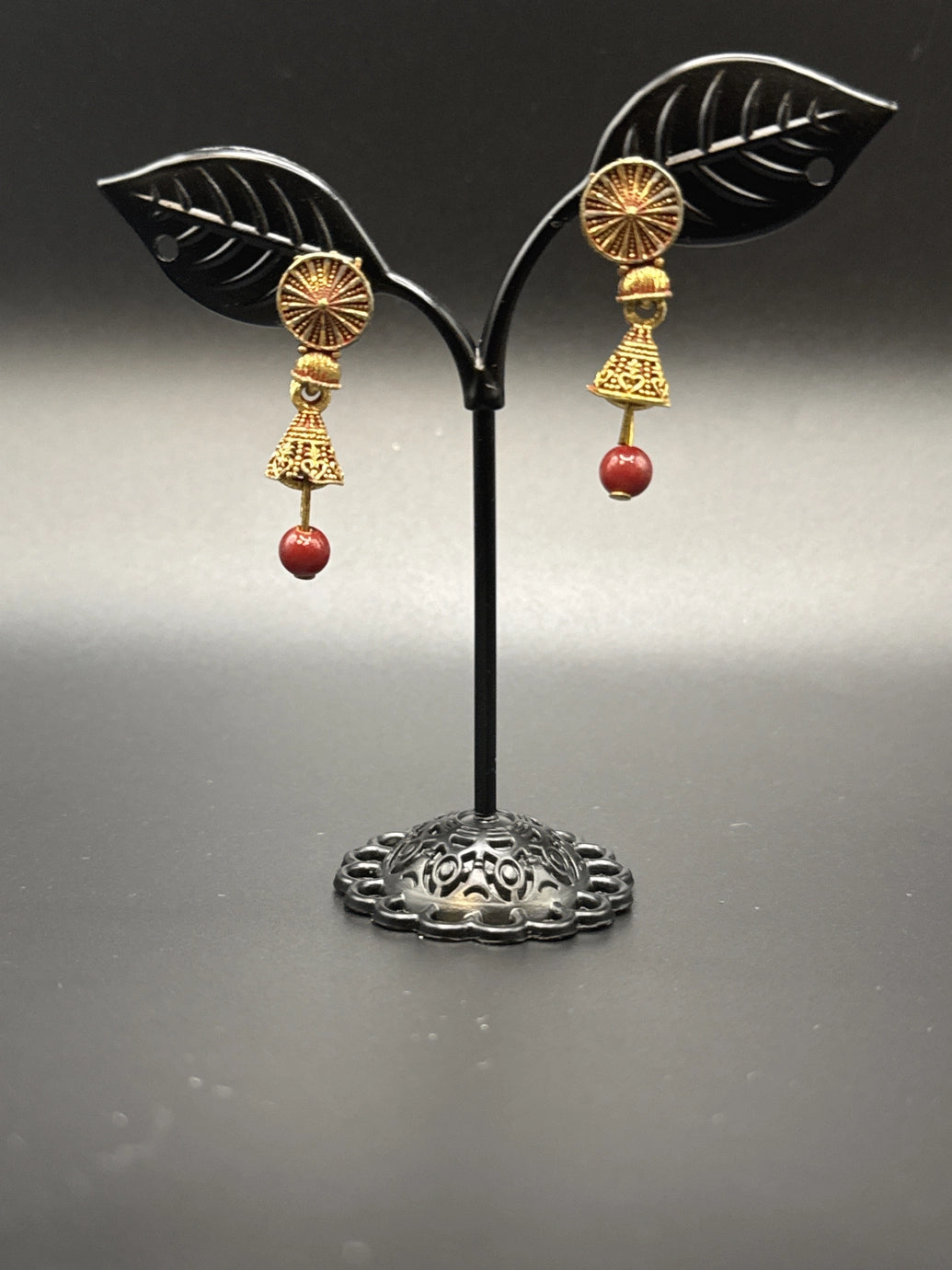 Antique Look Floral Jhumka Earrings – Gold-Tone Jhumki with Coloured Bead Drop (1.5 inch)