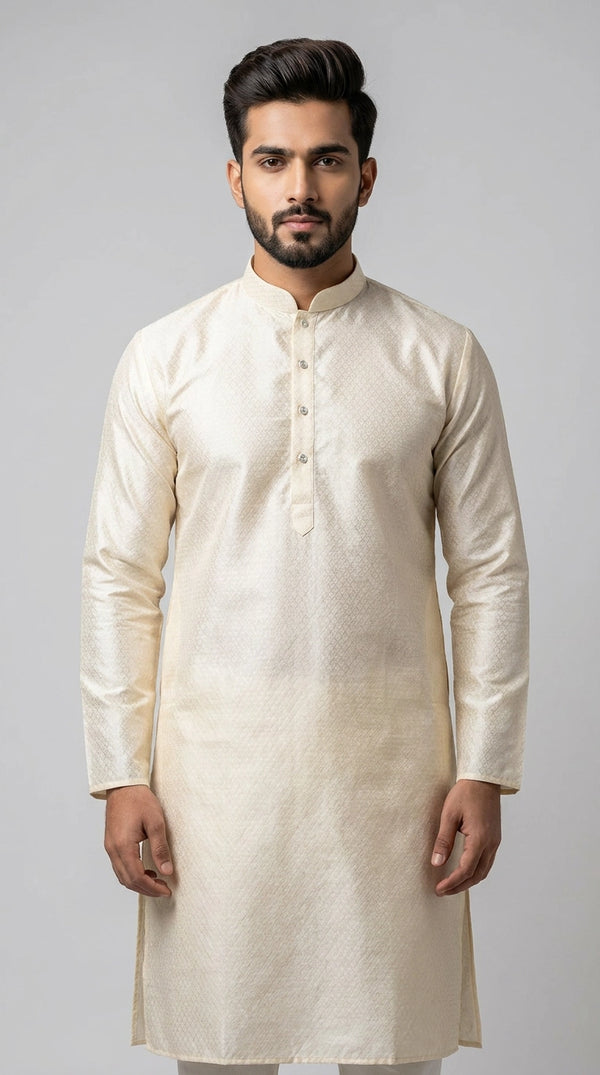Men’s Cream Self-Textured Royal Look Kurta, Traditional Straight Fit for Festive Wear - Cream