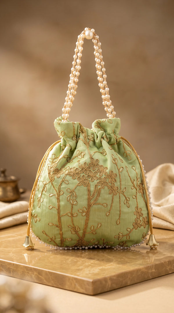 Pista Green Embroidered Potli Bag with Pearl Bead Trim, Drawstring Wedding Festive Return Gift Pouch - Pista Green