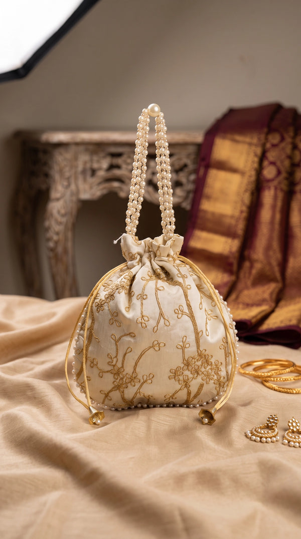 Cream Embroidered Pearl Beaded Potli Bag with Drawstring, Gold Floral Work Wedding Return Gift Pouch - Cream