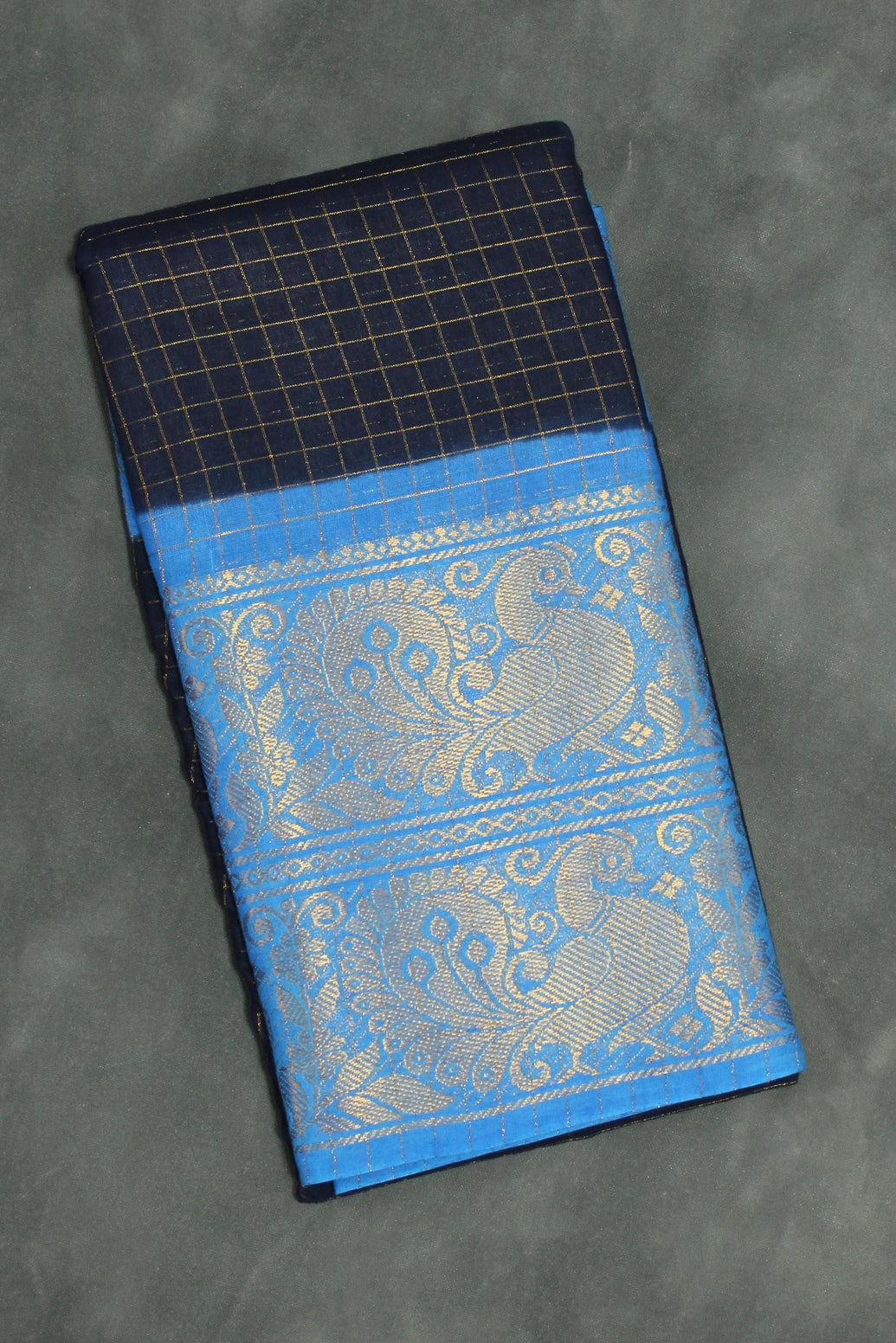 Pure Sungudi Cotton Navy Blue Checked Saree with Contrasting Blue Pallu & Peacock Gold Zari Double Border Saree JCS Fashions Navy Blue 5.5 meters