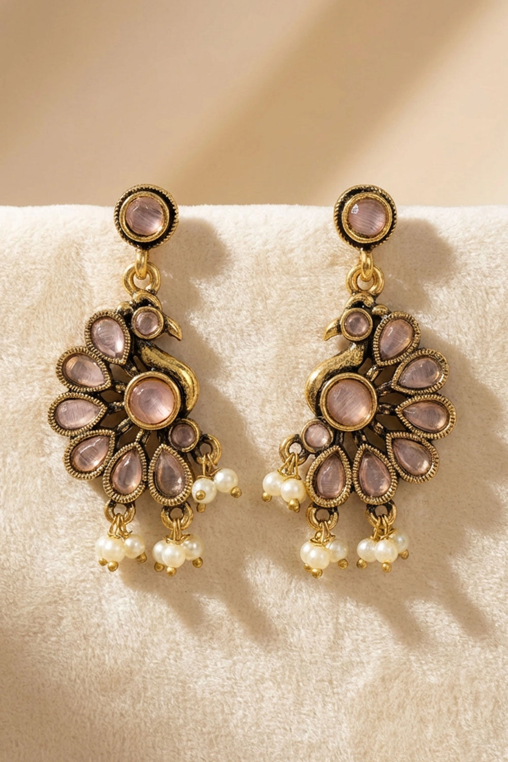 Sona Novelty Light Pink Pearl Dangler Earrings, Antique Gold-Tone Stud Style With Hanging Beads, Traditional Wear - Light Pink