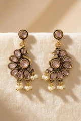 Sona Novelty Light Pink Pearl Dangler Earrings, Antique Gold-Tone Stud Style With Hanging Beads, Traditional Wear - Light Pink