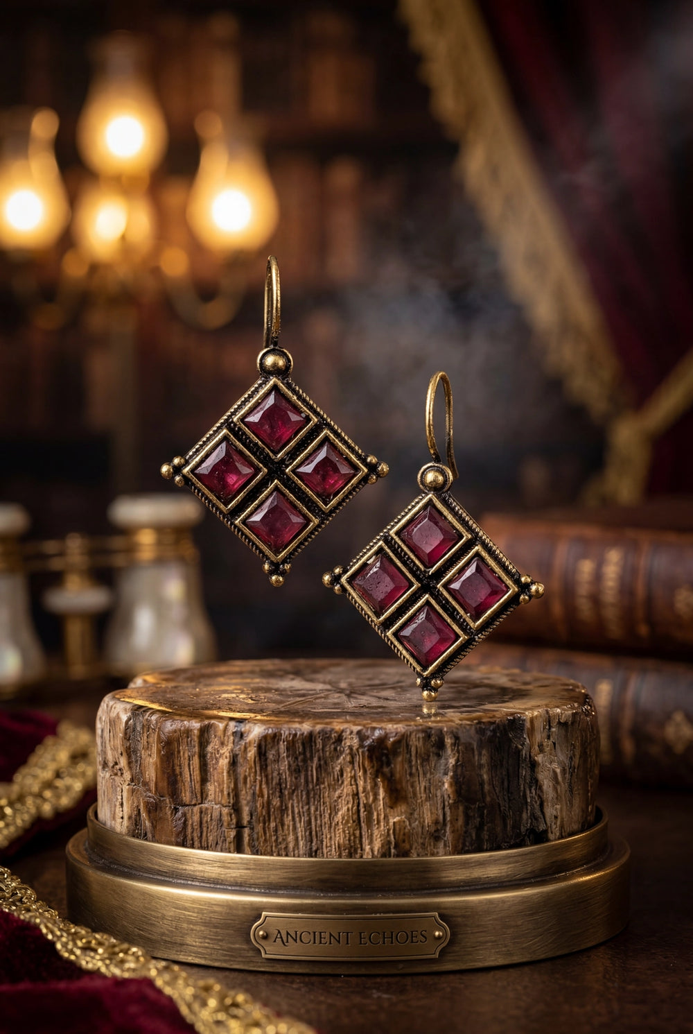 Maroon Stone Gold-Tone Hook Earrings, Square Pattern Drop, 1.5 Inch Fashion Jewellery for Women - Maroon