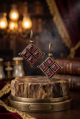 Maroon Stone Gold-Tone Hook Earrings, Square Pattern Drop, 1.5 Inch Fashion Jewellery for Women - Maroon