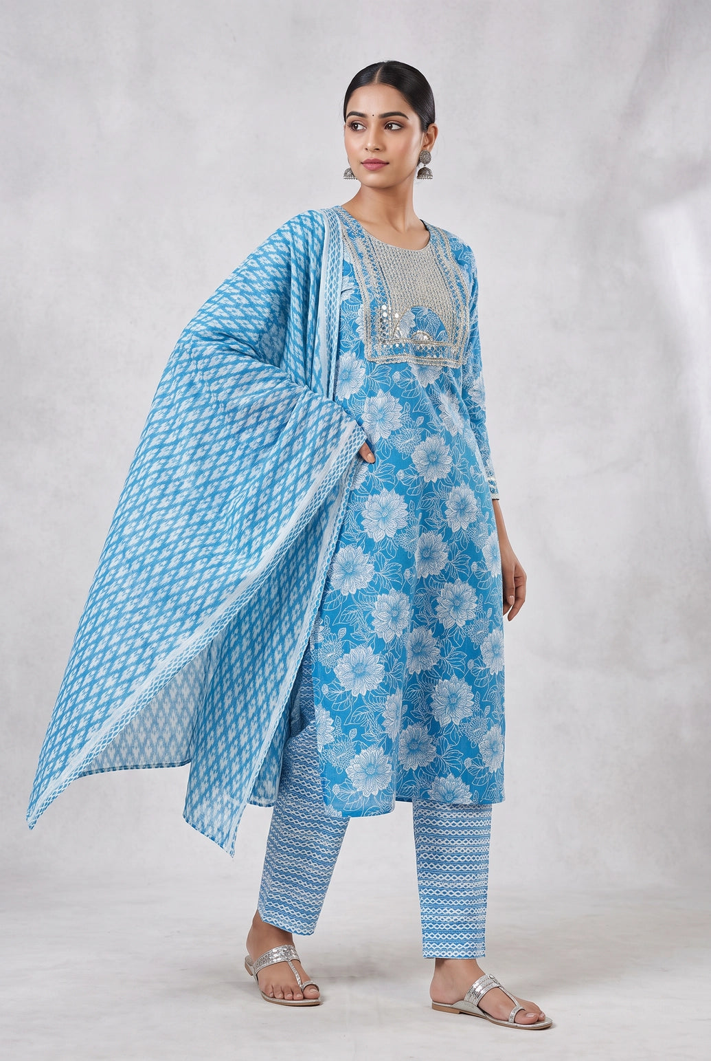 Sky Blue Cotton 3-Piece Kurti Set with Floral Print, Embroidered Neckline, Striped Pant and Matching Dupatta - Sky Blue