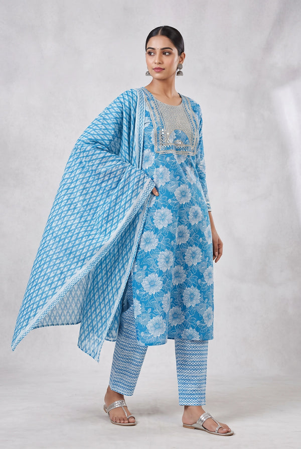 Sky Blue Cotton 3-Piece Kurti Set with Floral Print, Embroidered Neckline, Striped Pant and Matching Dupatta - Sky Blue