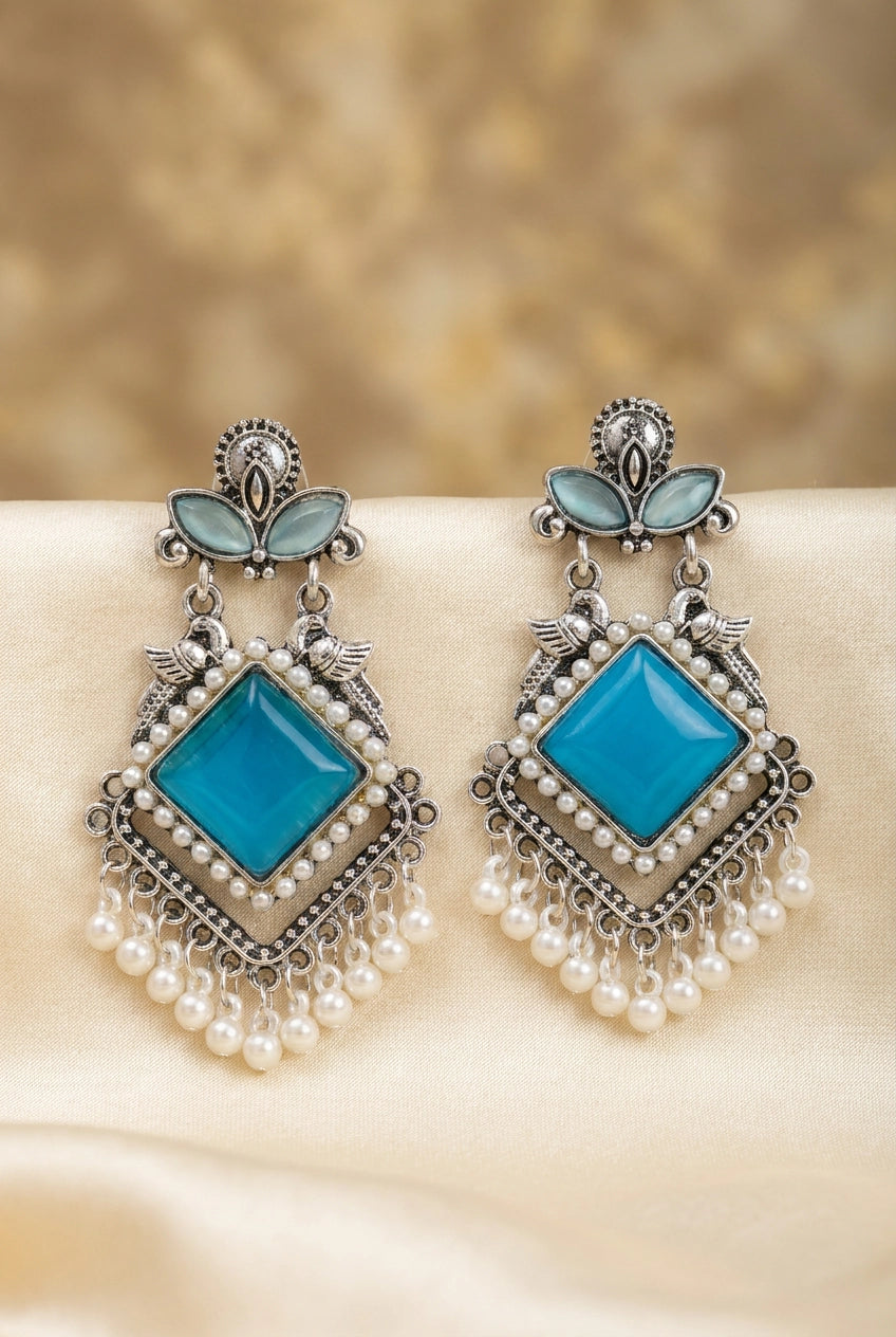 Sea Blue Oxidised Silver-Tone Pearl Drop Earrings With Teardrop Stone & Floral Motifs - Sea Blue