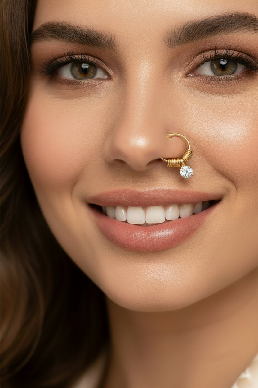 Gold-Tone Crystal Nath Nose Ring - Bridal Indian Nose