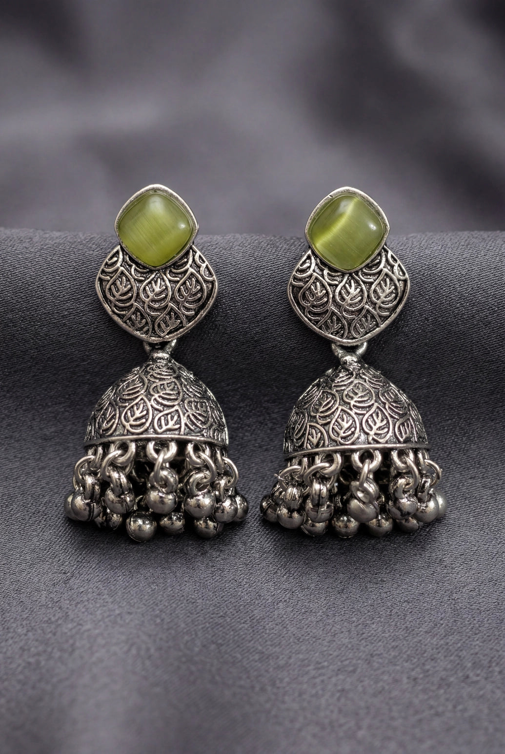 Oxidized Silver-Tone Jhumka Earrings with Square Stone, Leaf Engraved Top & Ghungroo Beads (Sea Blue/Mint/Lemon)
