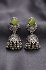 Oxidized Silver-Tone Jhumka Earrings with Square Stone, Leaf Engraved Top & Ghungroo Beads (Sea Blue/Mint/Lemon)