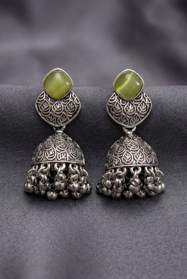 Oxidized Silver-Tone Jhumka Earrings with Square Stone, Leaf Engraved Top & Ghungroo Beads (Sea Blue/Mint/Lemon)