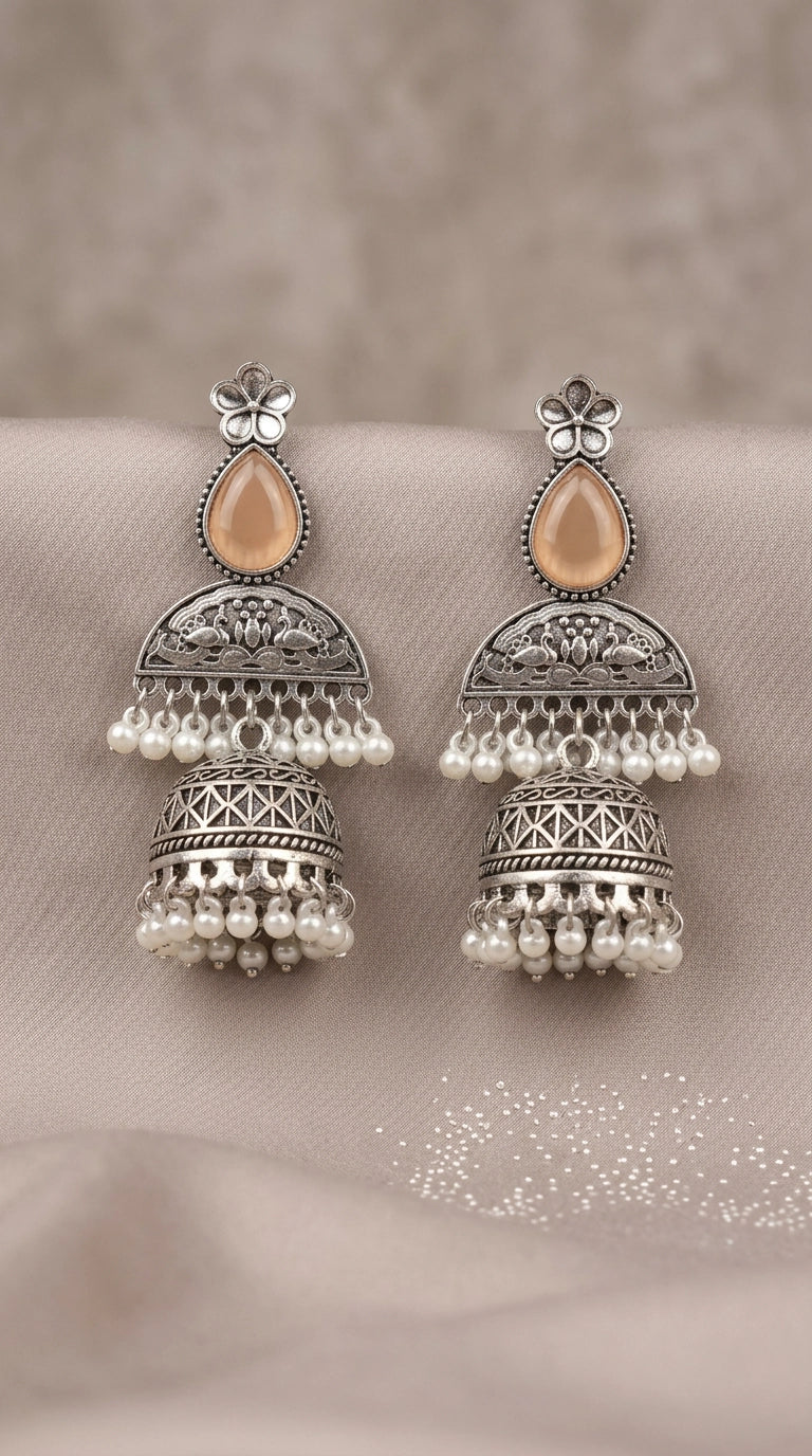 Oxidised Silver-Finish Peach Teardrop Jhumka Earrings with Floral Top and Pearl Bead Hangings - Peach