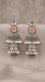 Oxidised Silver-Finish Peach Teardrop Jhumka Earrings with Floral Top and Pearl Bead Hangings - Peach
