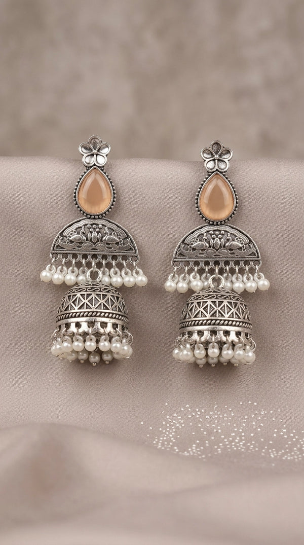 Oxidised Silver-Finish Peach Teardrop Jhumka Earrings with Floral Top and Pearl Bead Hangings - Peach