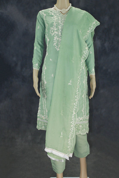 Pista Green 3-Piece Salwar Suit Set Kurti with Organza Khatli Work & Sequins, Roman Silk Bottom, Border Dupatta - Pista Green