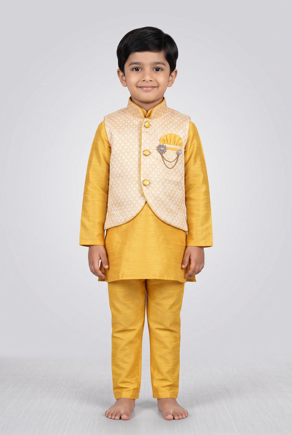 Boys Yellow Cotton 3-Piece Kurta Set with Printed Nehru Jacket, Matching Pants and Brooch - Yellow