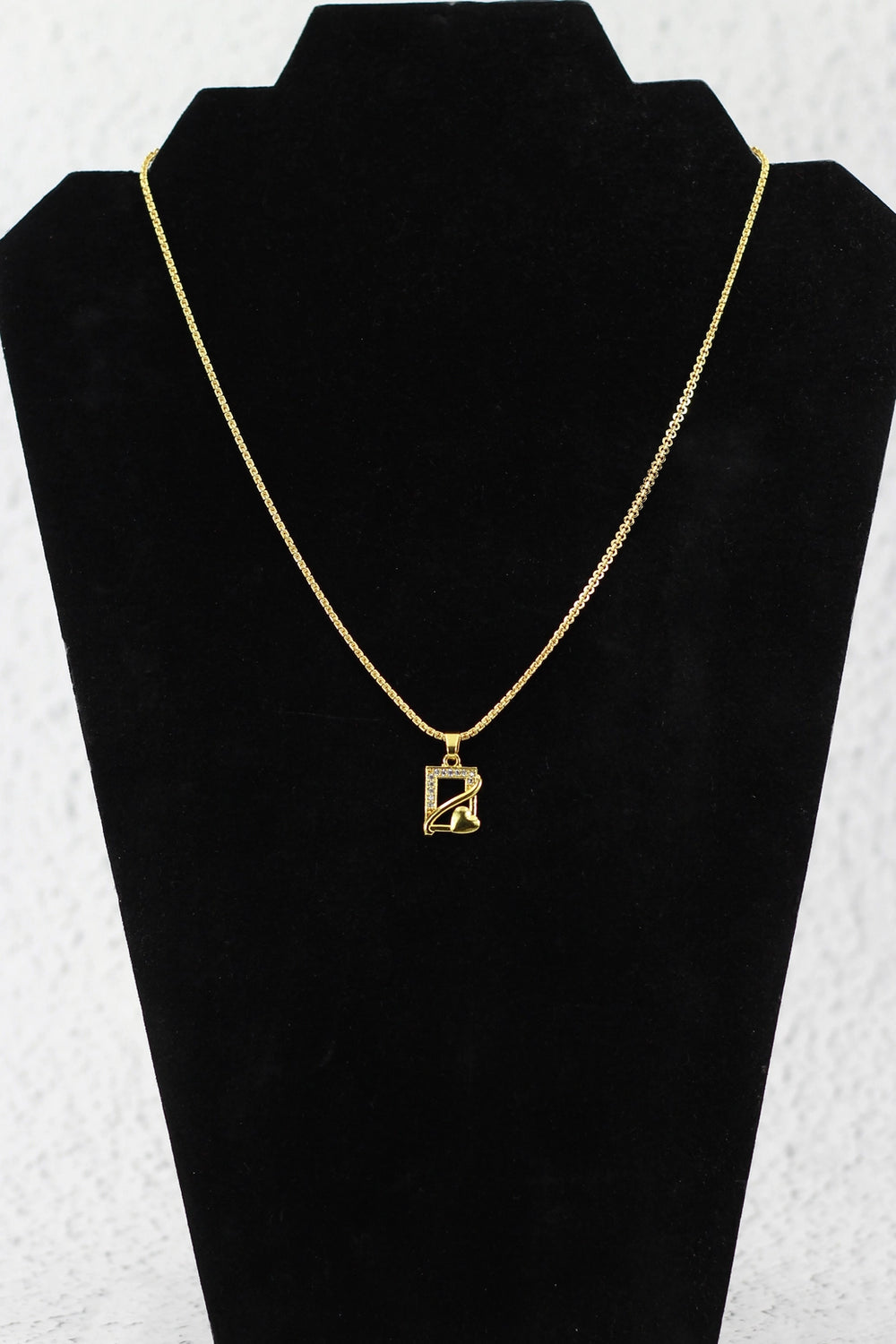 Gold-Tone Geometric Chain Necklace with Studded Frame and Heart Charm for Women - Gold