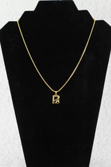Gold-Tone Geometric Chain Necklace with Studded Frame and Heart Charm for Women - Gold