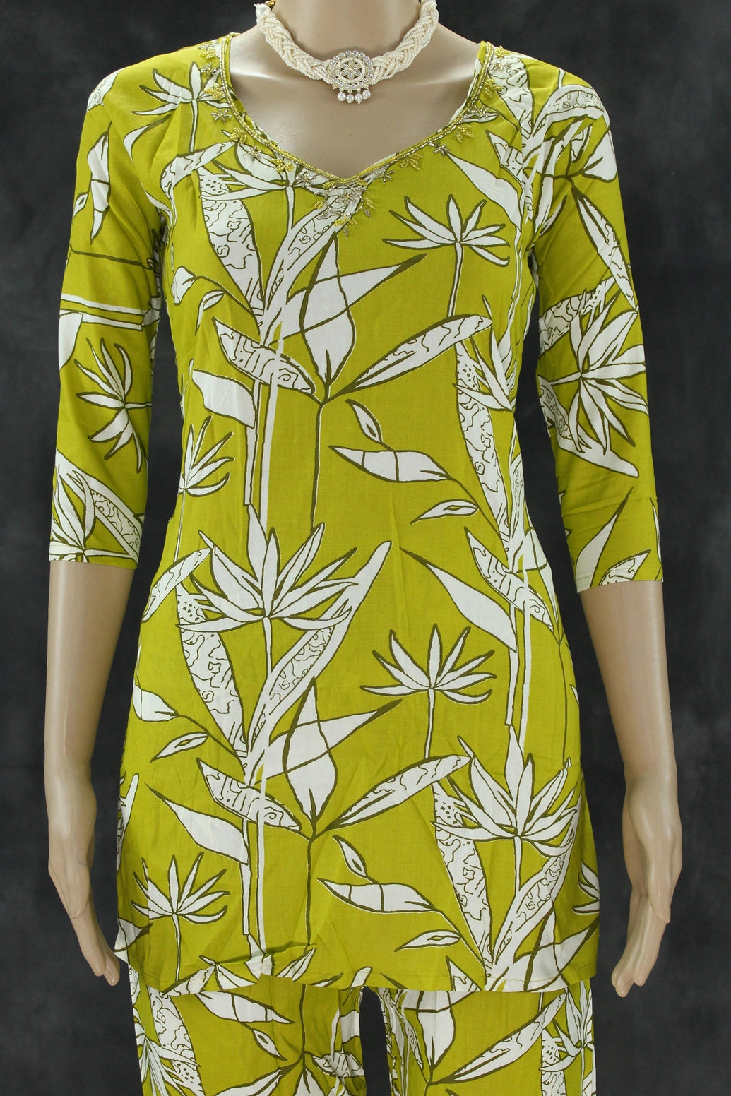 Olive Yellow Rayon 2-Piece co-ord Set with Bead Work Neckline, Elastic Waist Pants and Side Pockets Kurti JCS Fashions Olive Yellow Medium (38)