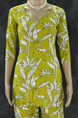 Olive Yellow Rayon 2-Piece co-ord Set with Bead Work Neckline, Elastic Waist Pants and Side Pockets Kurti JCS Fashions Olive Yellow Medium (38)