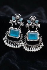 Sea Blue Oxidized Silver-Tone Teardrop Drop Earrings with Floral Motifs, Pearl Beads and Dangler Stone - Sea Blue
