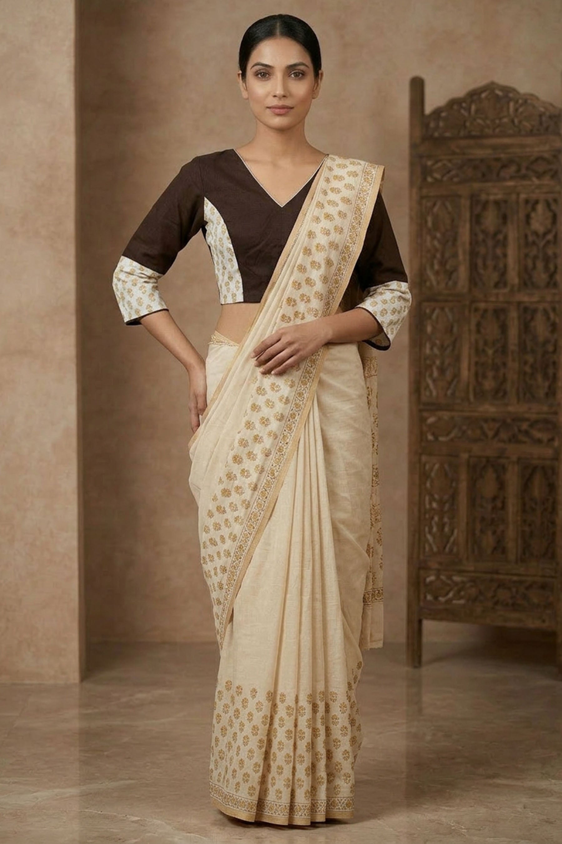 Brown Cotton Designer Blouse - Back Open, Stitched - AI Model Photo 4