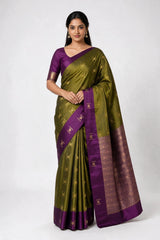 Olive Soft Silk Saree with Contrast Border and Pallu Woven Motifs - Olive