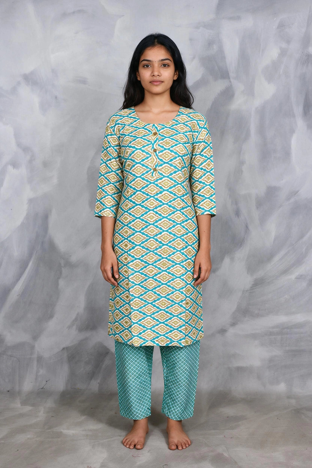 Sky Blue Rayon 2-Piece Kurti Set with Elastic Pant, Capsule Foil Geometric Print, Round Neck 3/4 Sleeve - Sky Blue