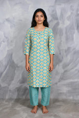 Sky Blue Rayon 2-Piece Kurti Set with Elastic Pant, Capsule Foil Geometric Print, Round Neck 3/4 Sleeve - Sky Blue