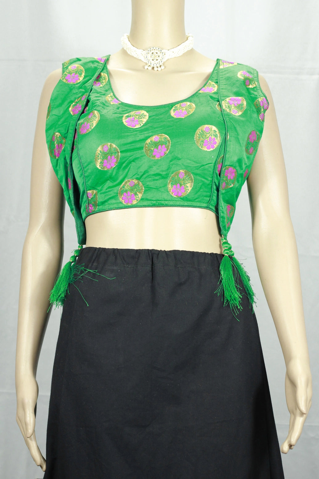 Green Designer Padded Blouse with Heavy Jari Work & Tassel Detailing, Fully Stitched for Women - Green