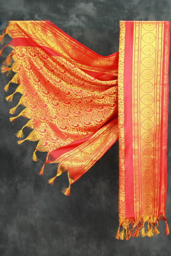 Red Zari Pattu Shawl Ponnadai for Events, Arangetram and Functions, Traditional Gold-Pattern Stole - Red
