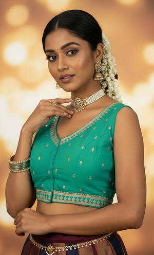 Teal Blue Deep Neck Zari Border Padded Readymade Blouse for Saree/Lehenga (Sleeveless) - Fully Stitched
