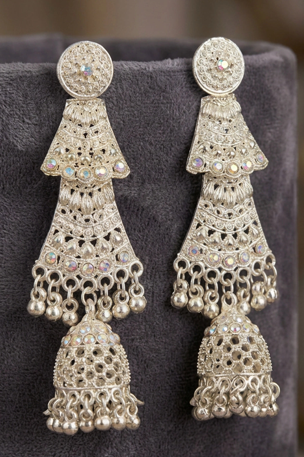 Sandal Oxidized Gold-Tone Jhumka Earrings with Floral Stud and Ghungroo Dangles for Festive Wear - Sandal