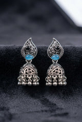 Sea Blue Oxidized Silver-Tone Leaf Jhumka Earrings with Carved Dome & Ghungroo Beads for Women - Sea blue